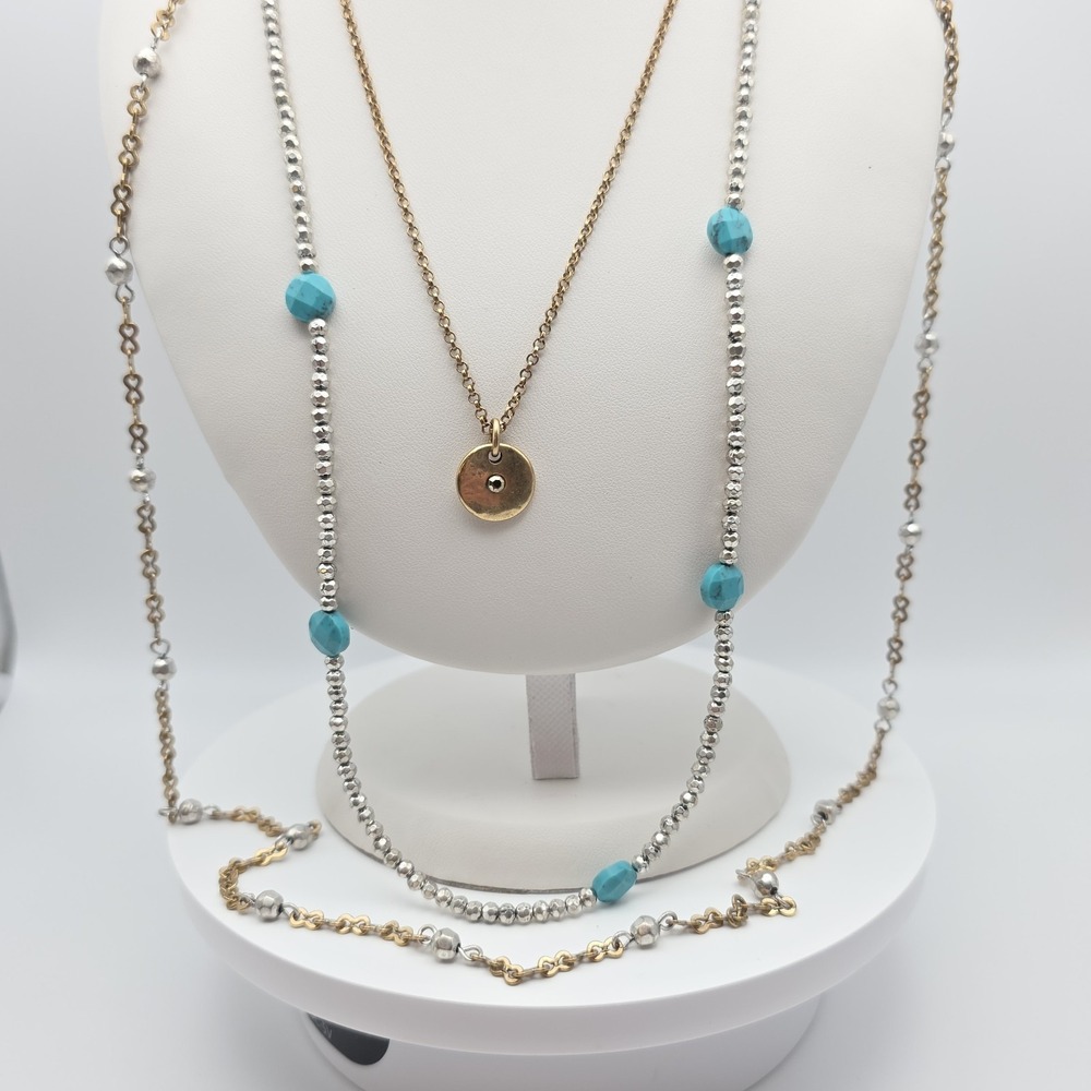 New! LUCKY BRAND Layered Necklace Boho Coin Faux‎ Turquosie Gold Silver Tone 32"